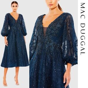 Mac Duggal - Blue Embellished Plunge Neck Bishop Sleeve Dress
